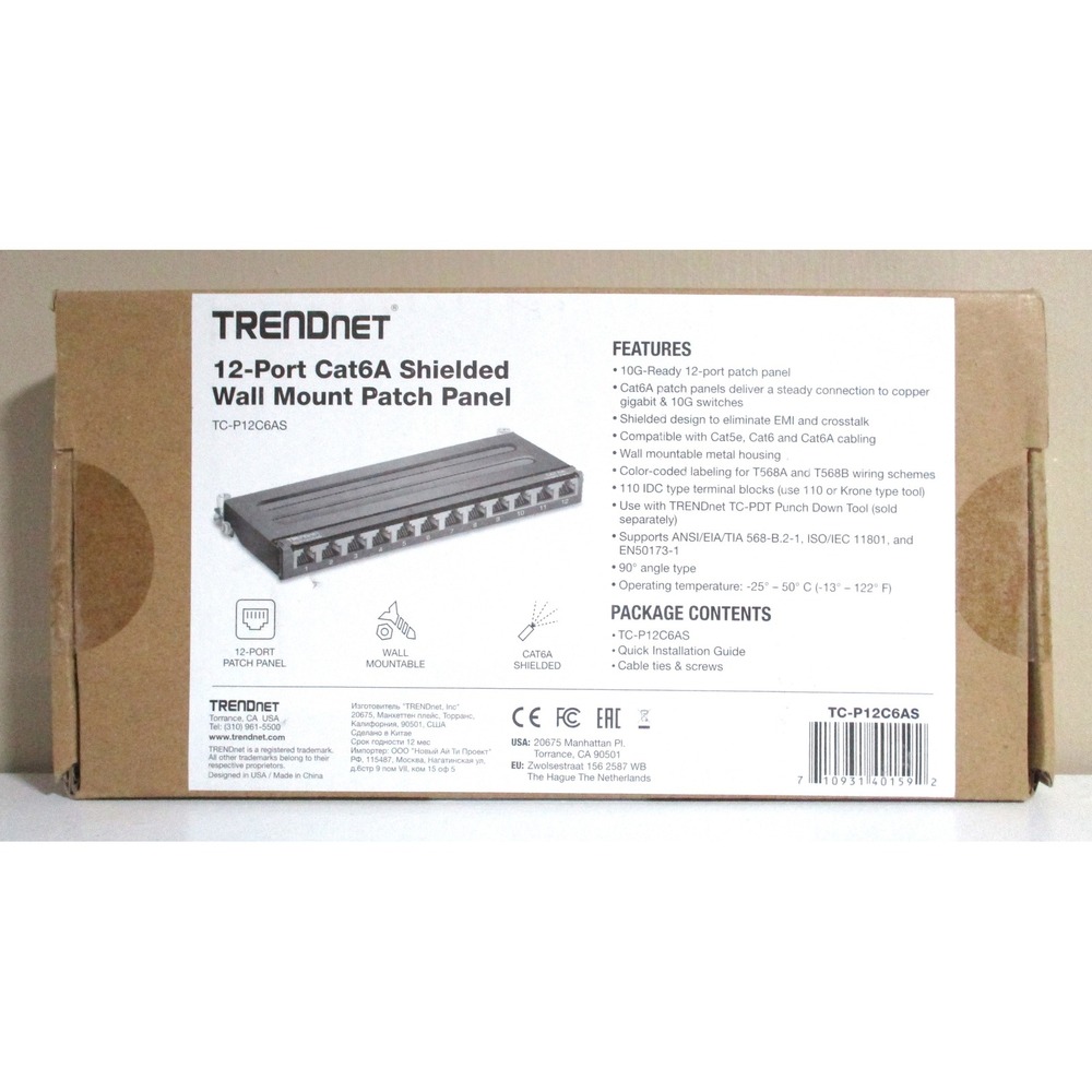 TRENDnet 12-Port Cat6A Shielded Wall Mount Patch Panel TC-P12C6AS 10G-Ready Blk